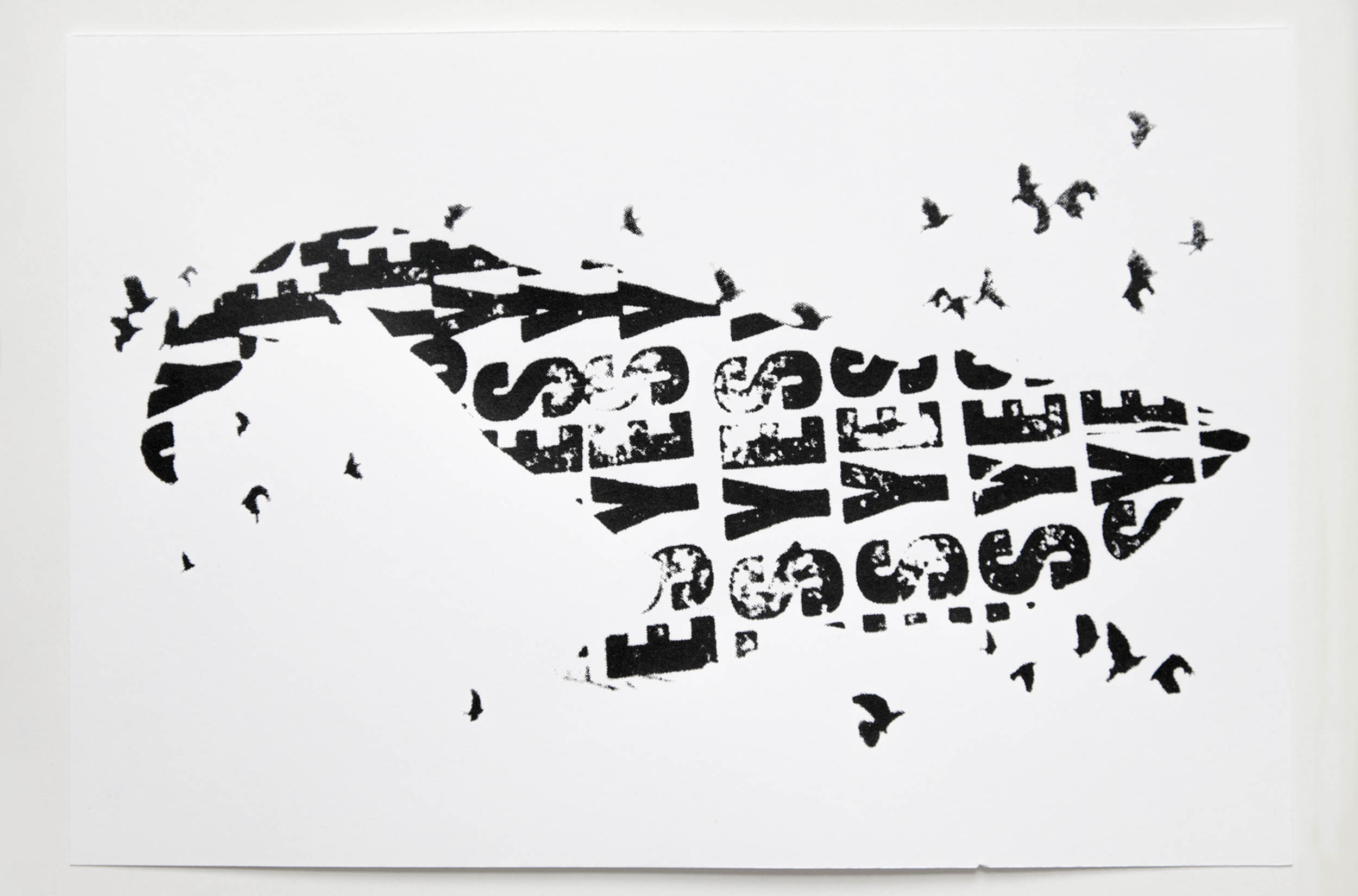 Silkscreen of the word yes repeated to form the shape of a whale.