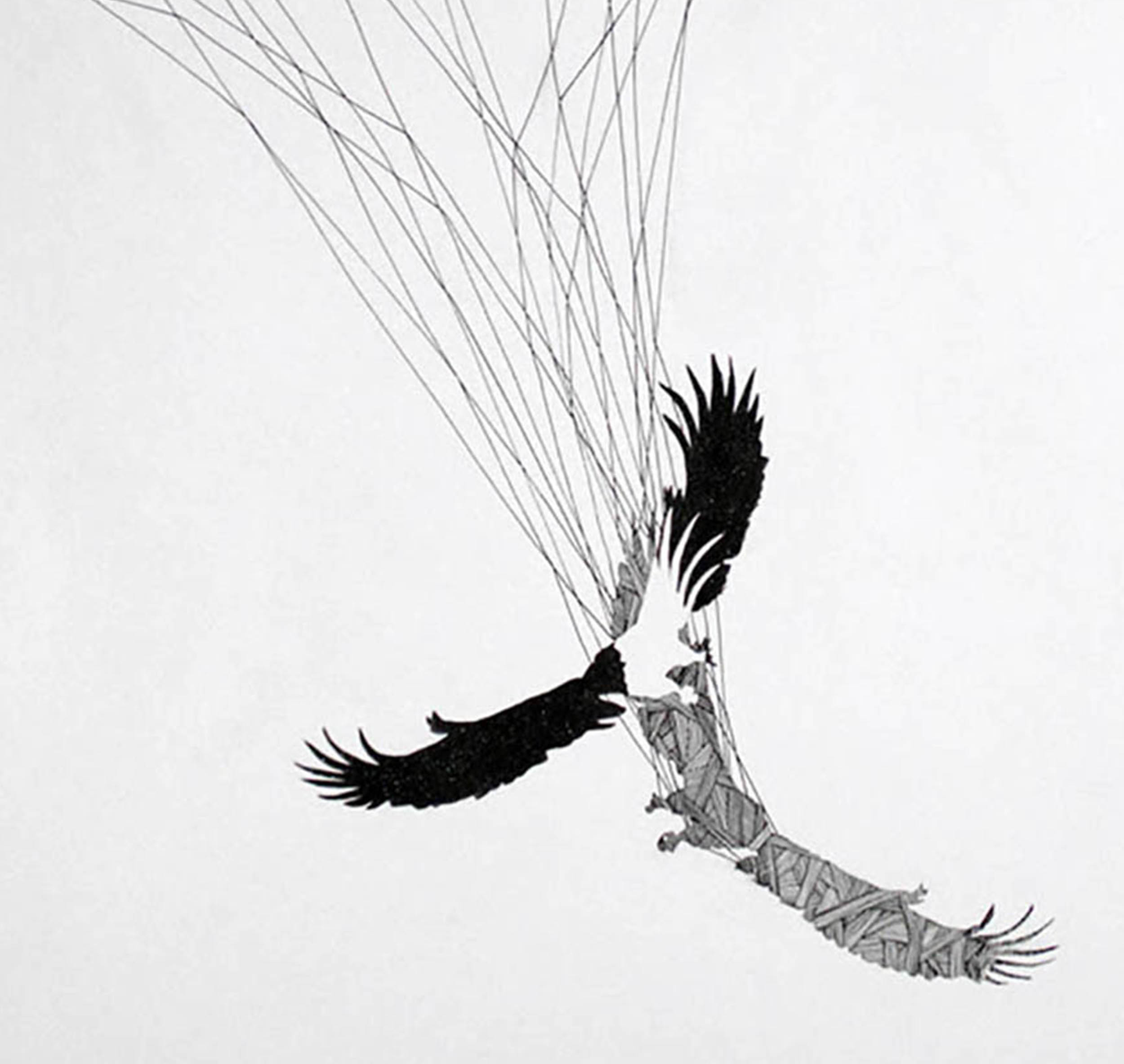 An artwork depicting two large birds of prey in black and white with strings from their wings.