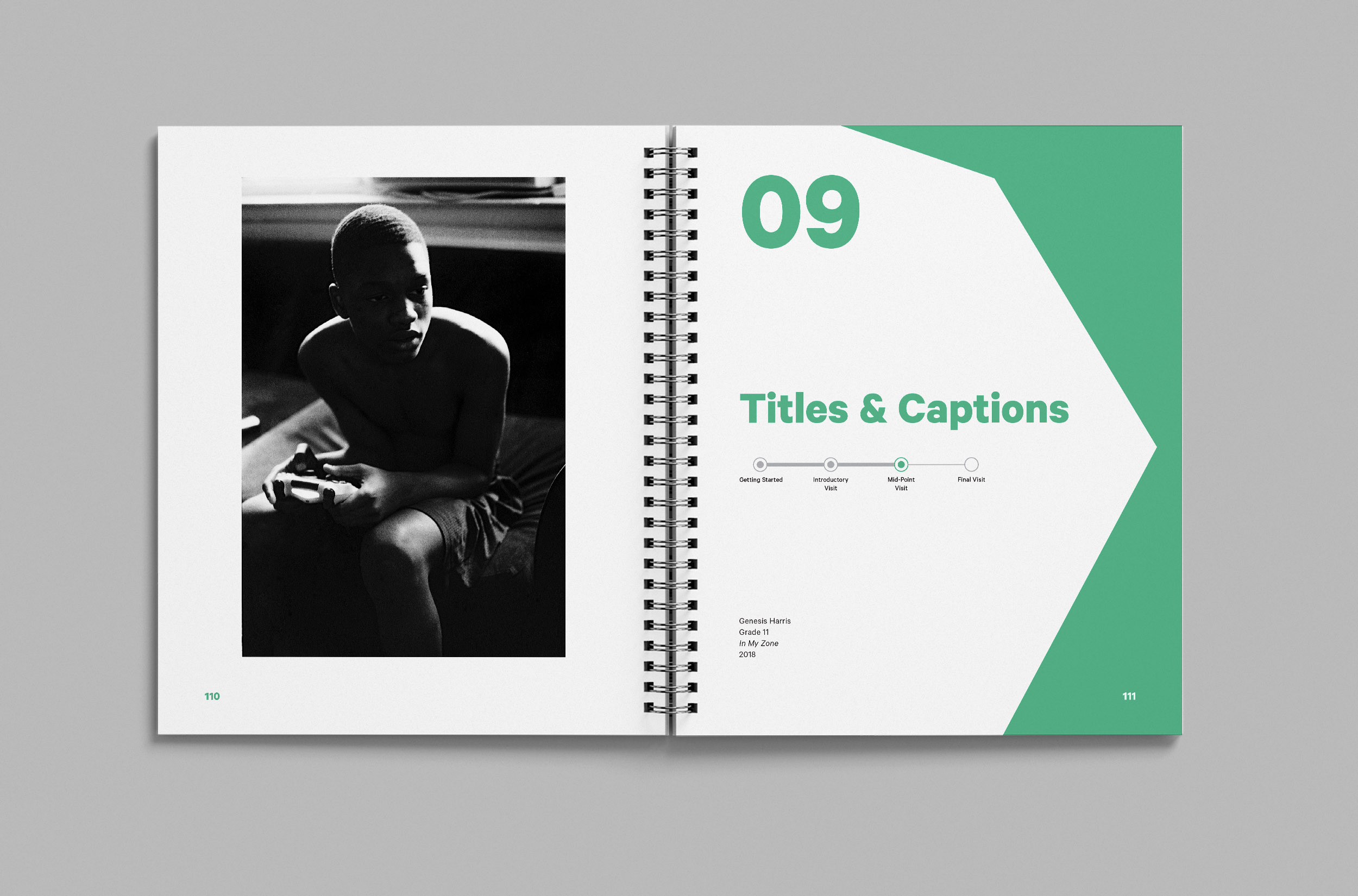Image depicts an open workbook displaying pages that introduce a section on titles and captions for photography.