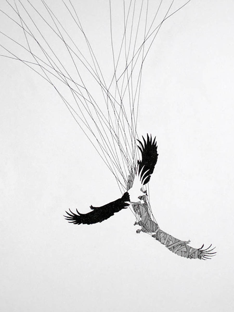 An artwork depicting two large birds of prey in black and white with strings from their wings.