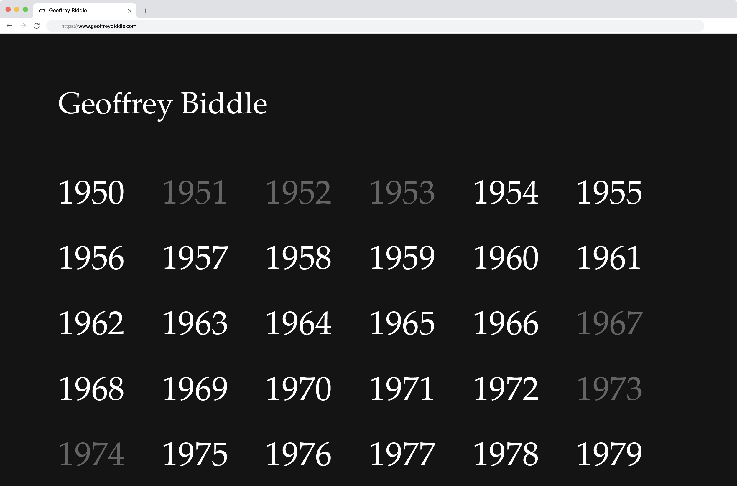 Screenshot of Geoffrey Biddle's website home page, which features his name and years from 1950 to 1979 in black, white, and grey.