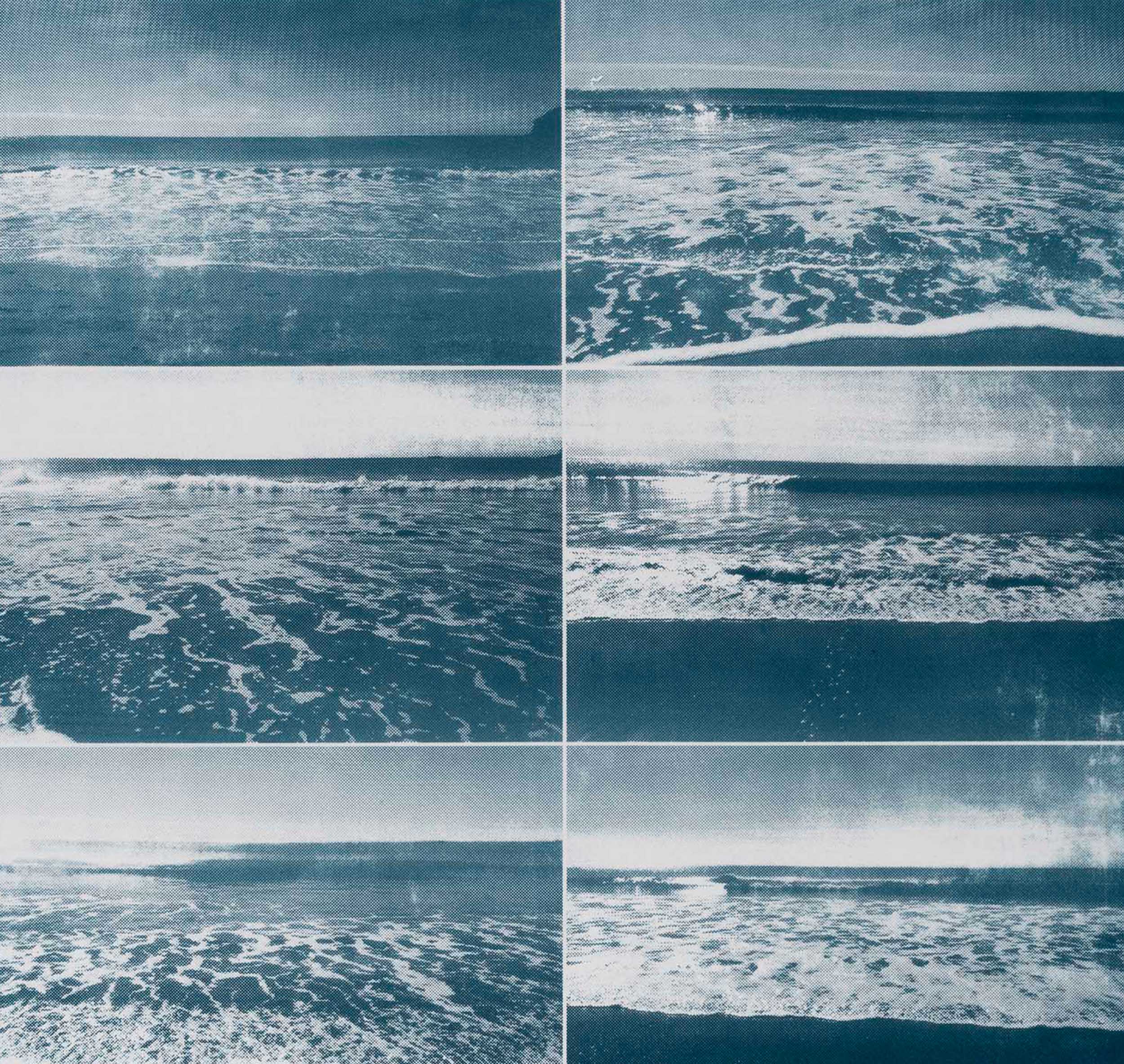 Silkscreen of a repeated grid of images of the ocean.