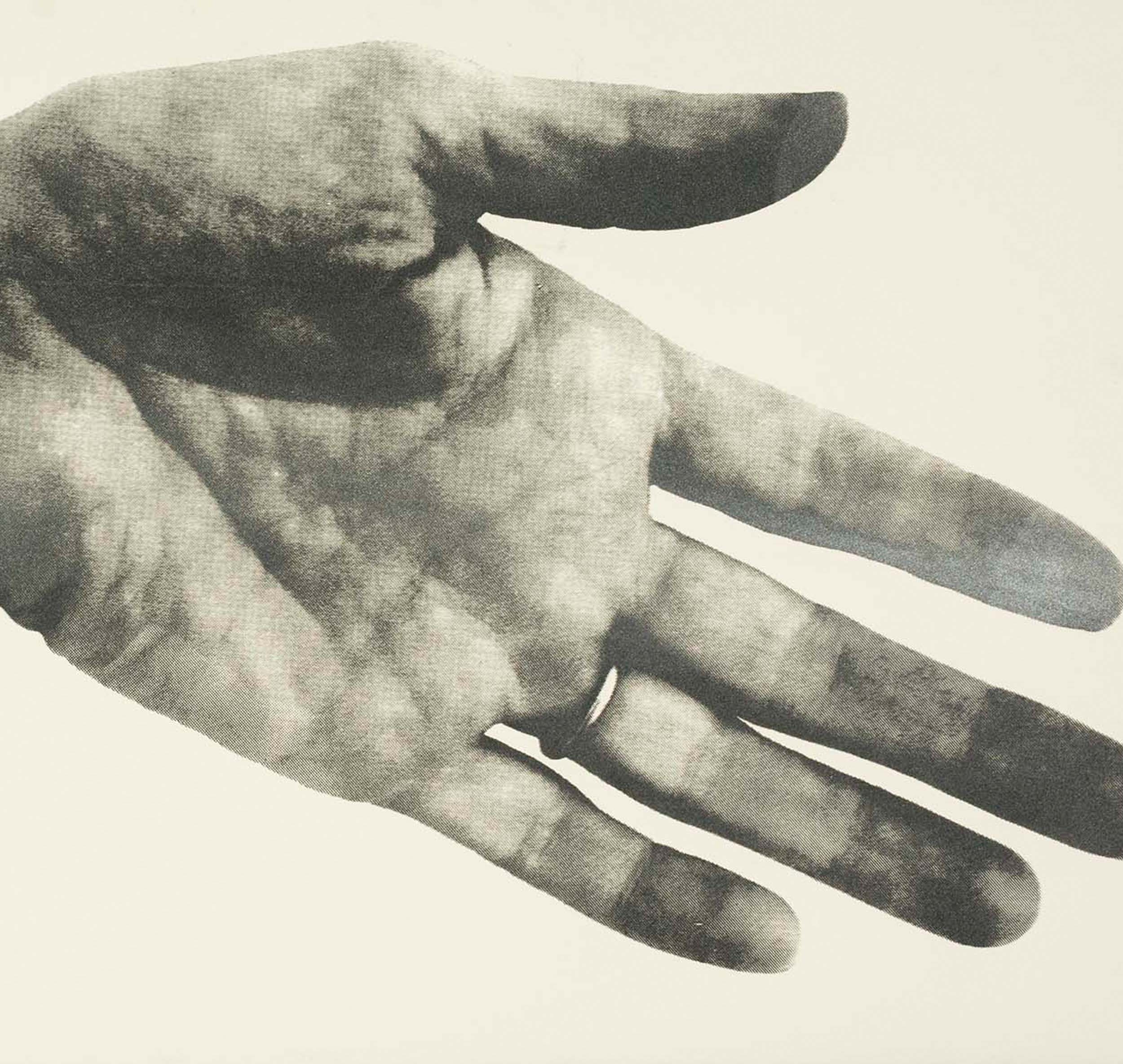 Silkscreen of a human hand, palm-side facing up, and fingers extended.