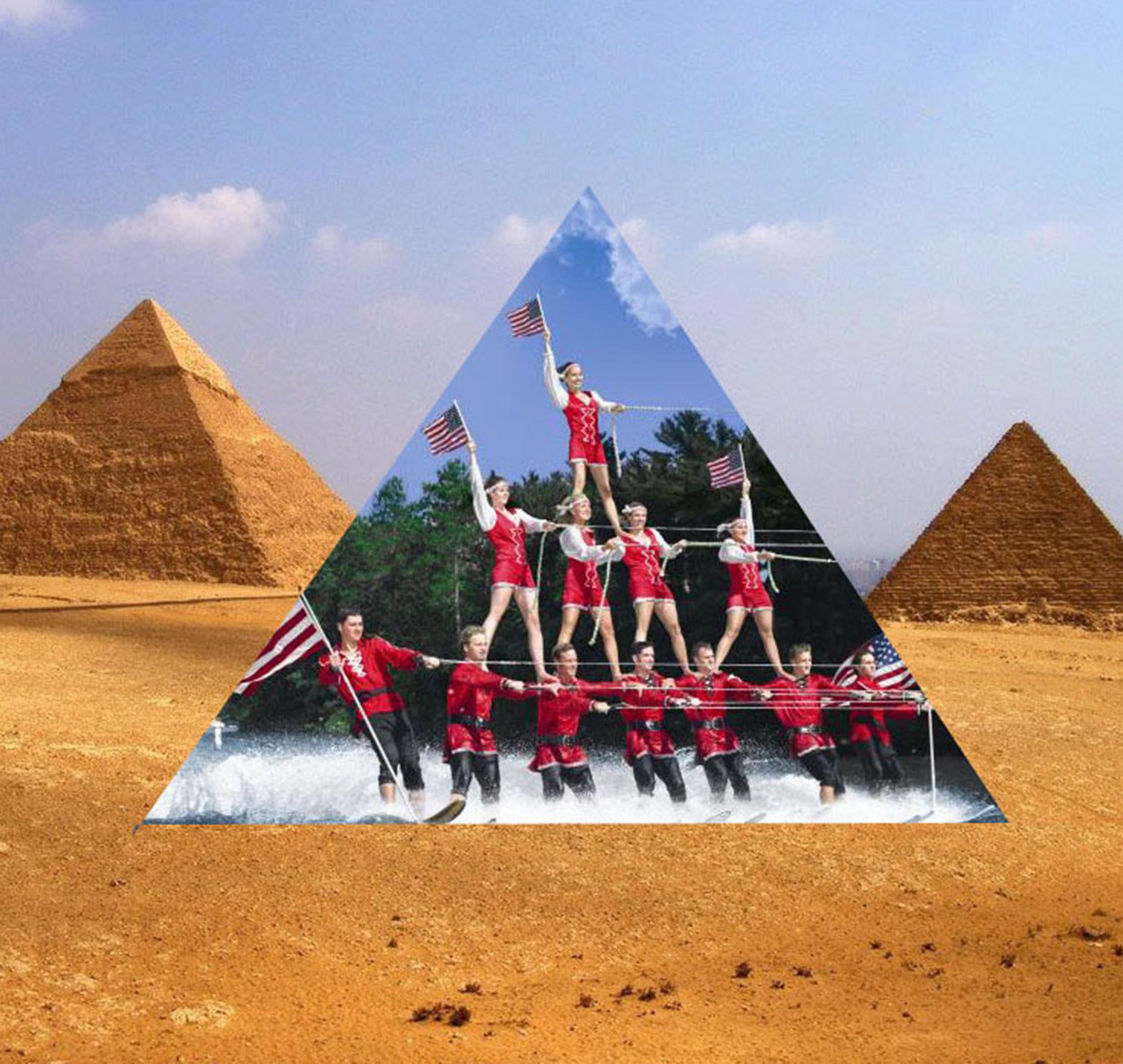 A collage of the desert with pyramids, the center of which has is a photograph of several people waterskiing in a pyramid formation.