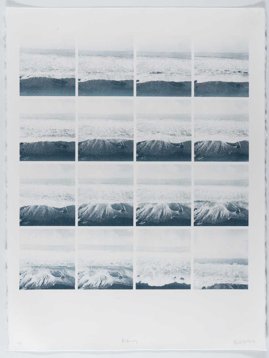 Photograph of a silkscreen print on paper depicting repeated images of the ocean.
