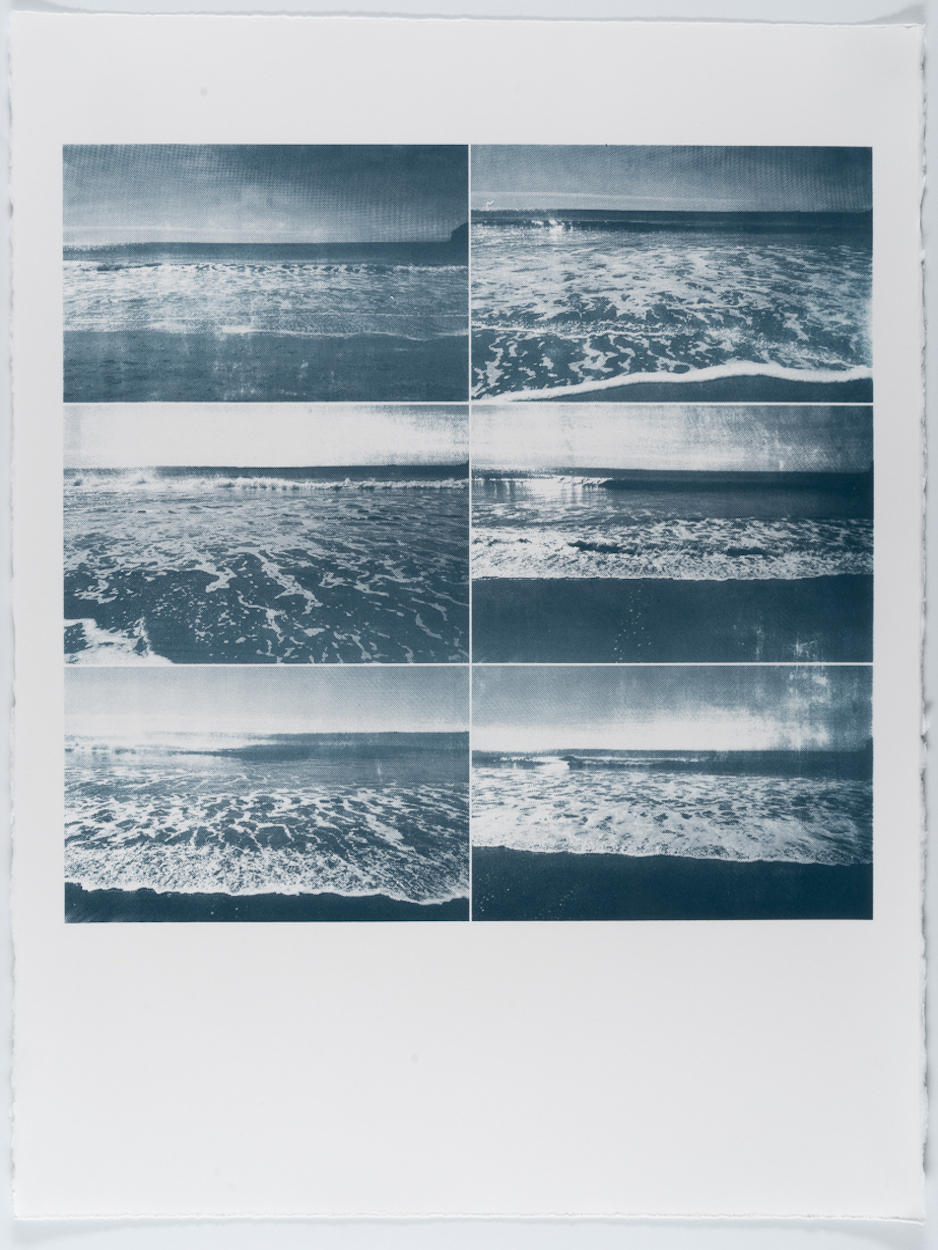 Photograph of a silkscreen print on paper depicting repeated images of the ocean.