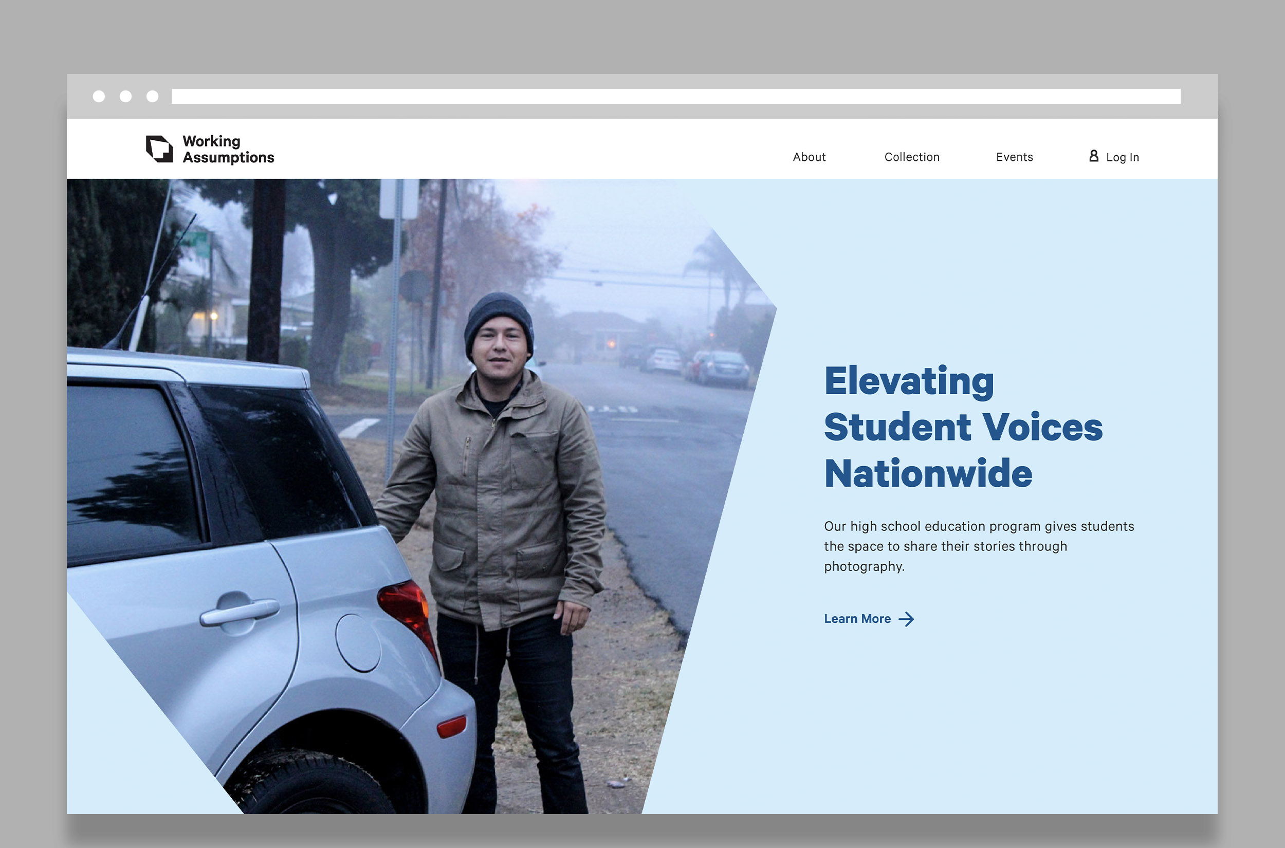 Mock-up of a webpage for Working Assumptions with a photograph of someone standing behind a vehicle and text reading 