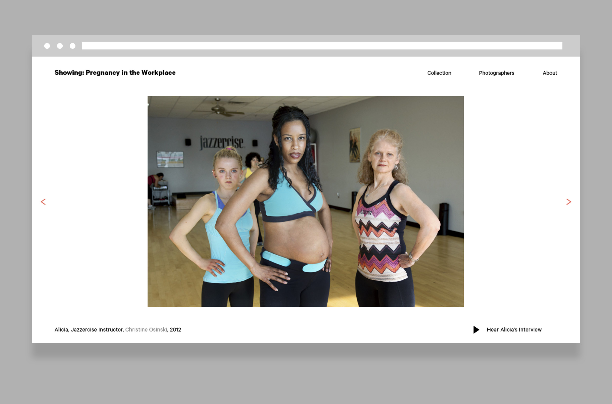 Mock-up of a webpage with a pregnant dancer posing with two other people in a jazzercise studio.