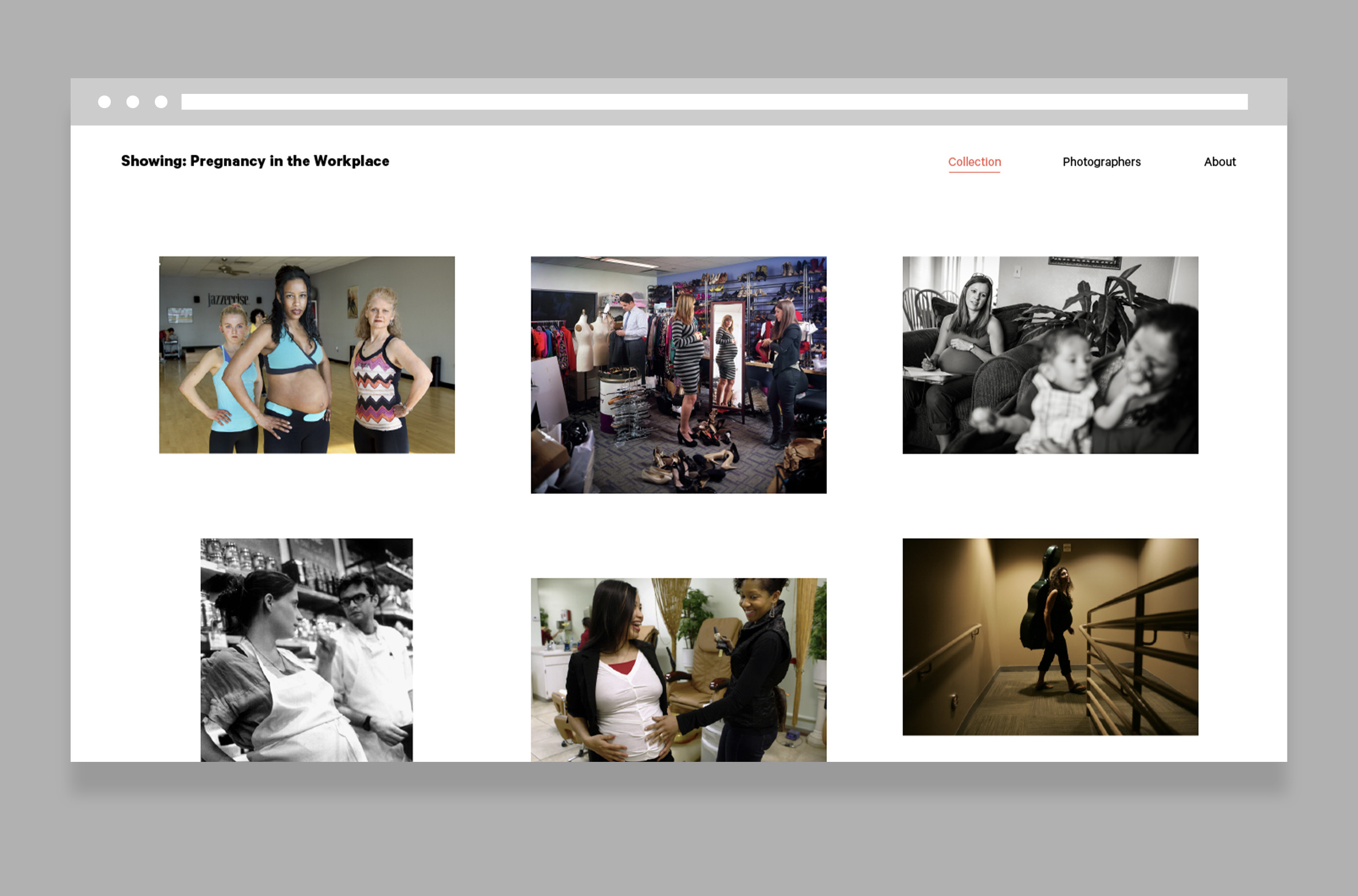 Image depicts a mock-up of a webpage with a grid of photographs of pregnant people at work under the title 