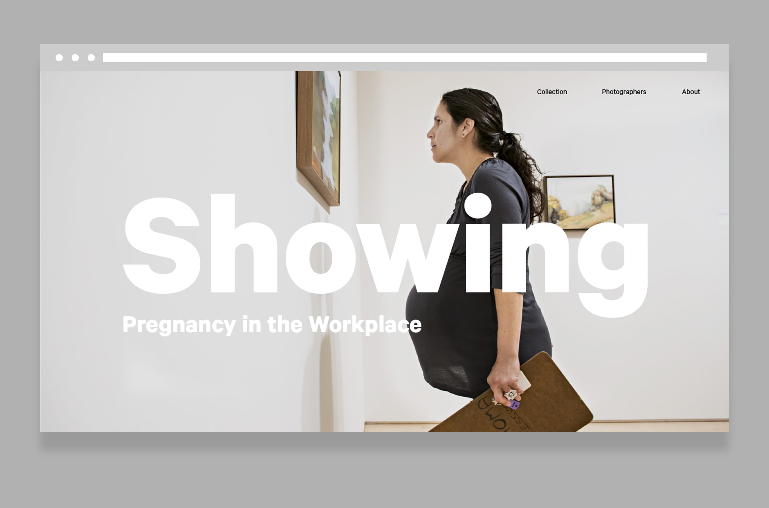 Image depicts a mock-up of a webpage with a pregnant person working in an art gallery. The image is overlaid with the title 